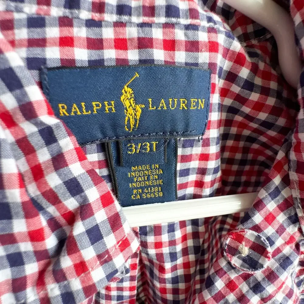 Ralph Lauren 3/3T Button-Down Shirt Red Blue Gingham Plaid Long Sleeve Cotton